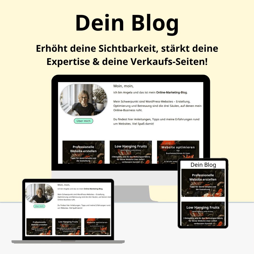 Drei Geräte mit unterschiedlichen Bildschirmgrößen, auf deinen mein Blog zu sehen ist. Zwecks Veranschaulichung.